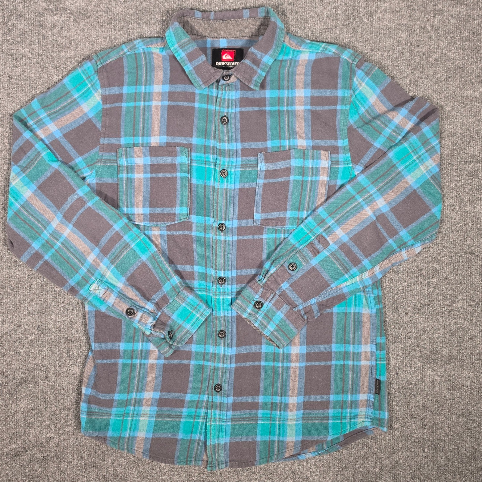Quiksilver Mens Plaid Flannel Shirt Med Teal Grey Blue Long Sleeve Button Down